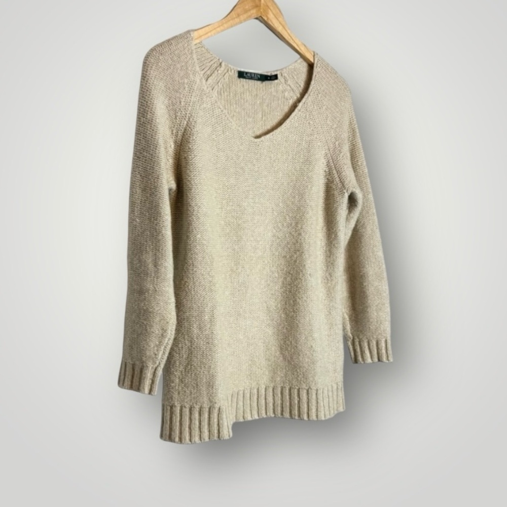 Lauren Ralph Lauren Sweater Size Medium V Neck Knit Long Sleeve Beige - Picture 3 of 8